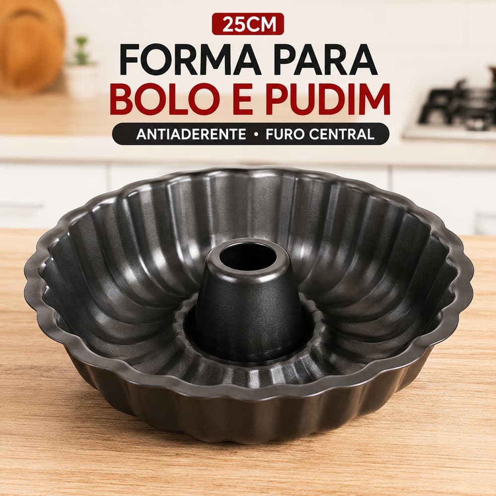 Forma Para Bolo e Pudim 25cm Antiaderente Alumínio Furo Central Assadeira Redonda