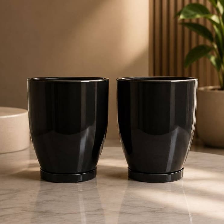 KIT 2 VASOS PARA PLANTAS DECORATIVOS C/ PRATO COLETOR MODELO CONE BOJO POLIDO RESISTENTE SOL E CHUVA