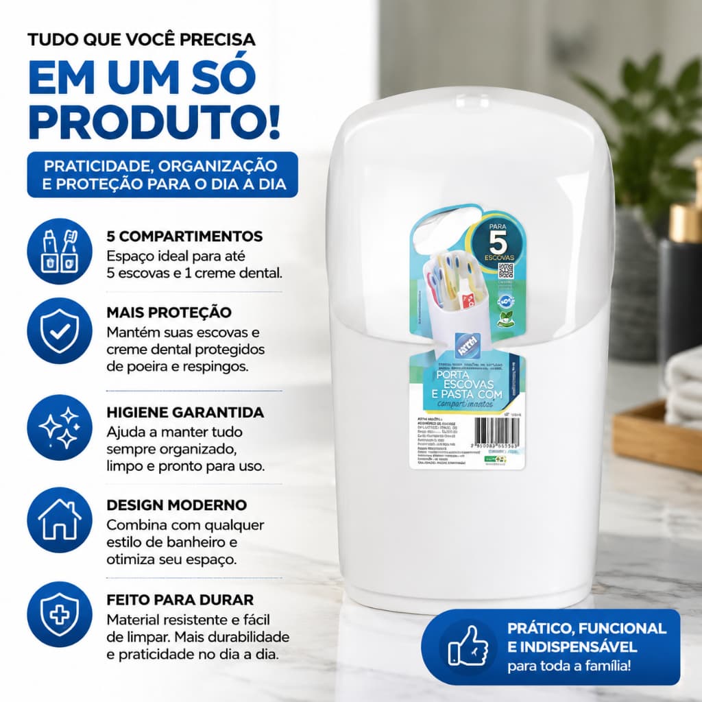 Porta Escovas e Pasta de Dente com Tampa Móvel Banheiro Pia Bancada