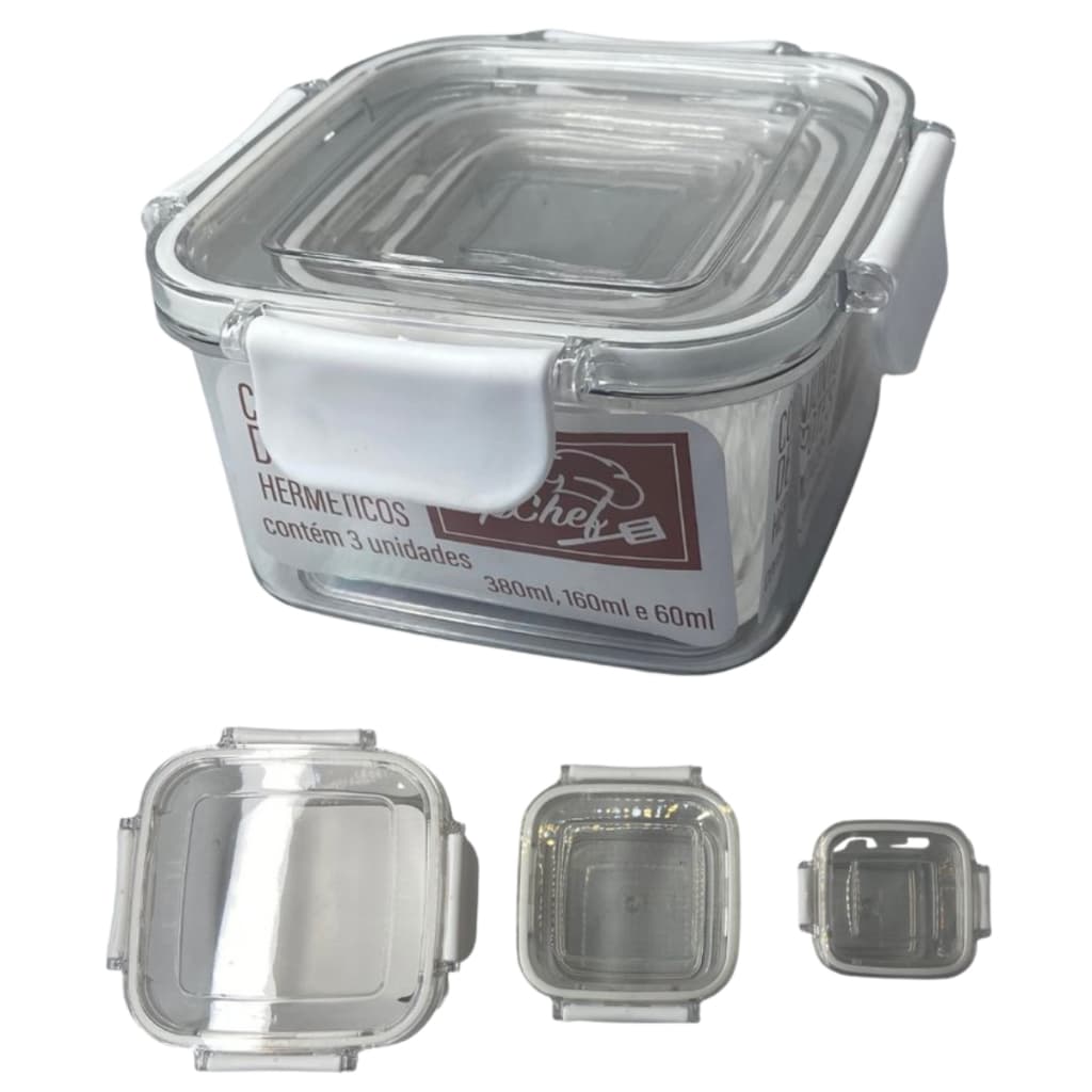 Kit Conjunto 3 Potes Hermeticos Quadrados Armazenamento Alimentos Vedacao Segura Organização