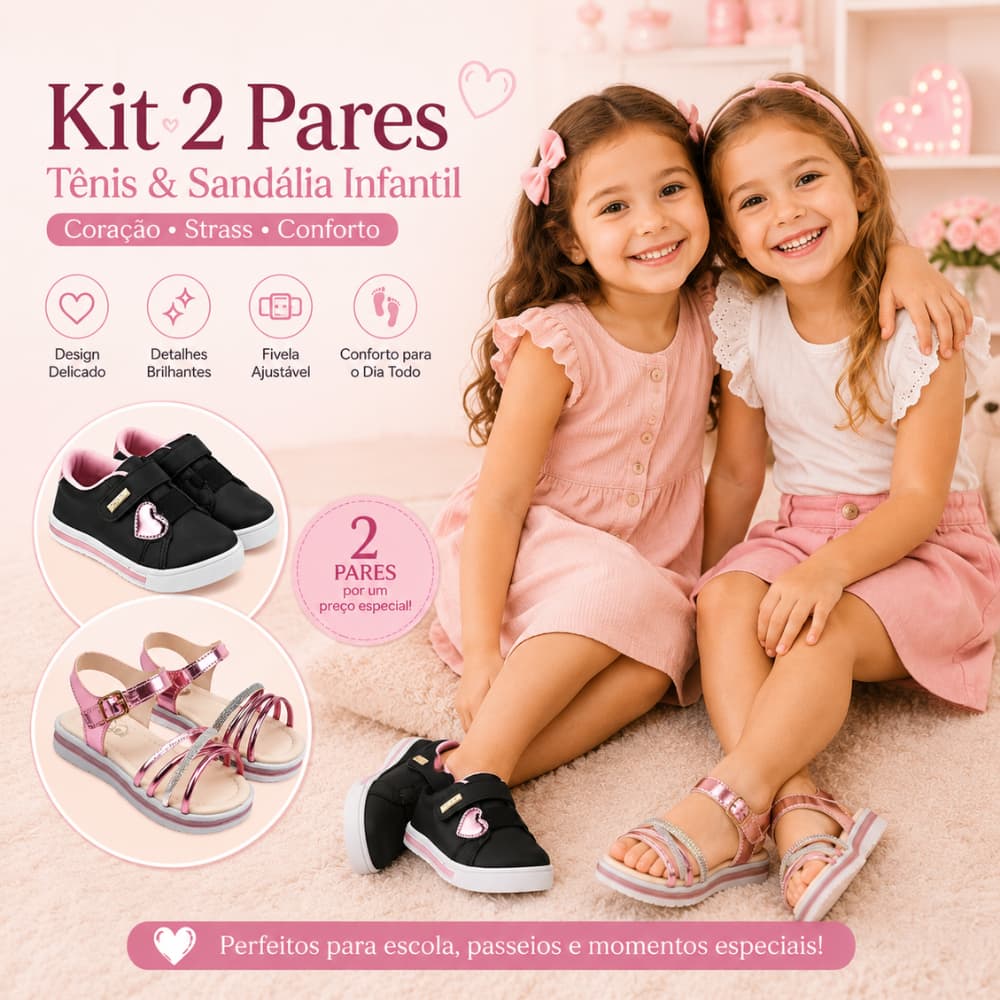 KIT 2 Pares Sandália Infantil Menina com Flor e Pérolas + Tênis Coração Metalizado Confortável Escolar