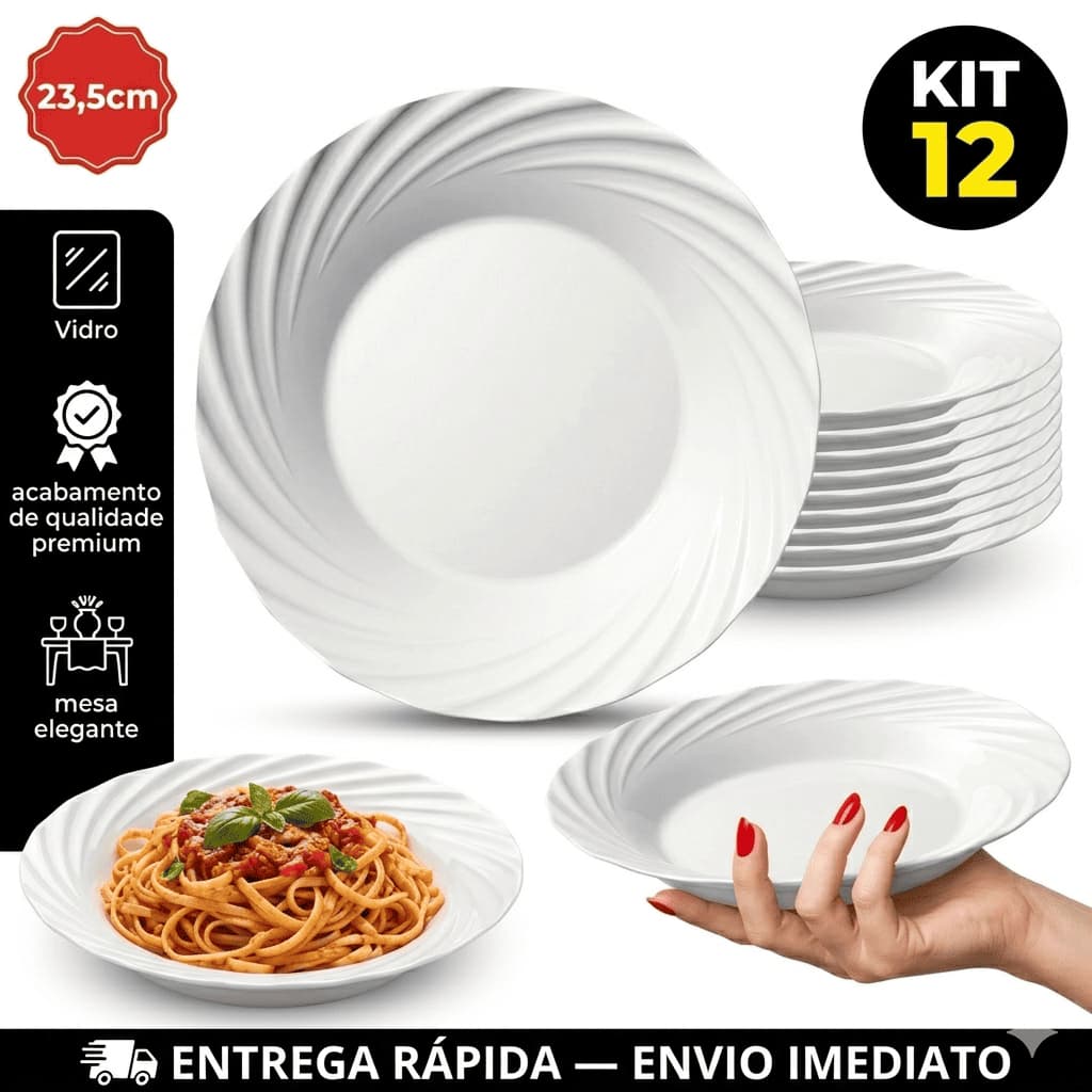 Kit Jogo de 12 peças de Pratos Fundos Jasmim Nadir Opaline 23,5cm Branco Vidro Temperado Jantar Duralex