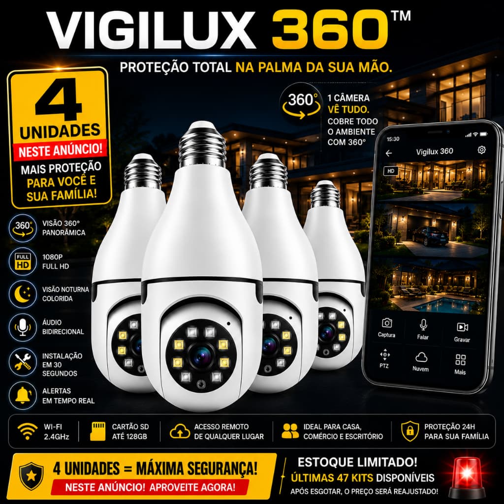 4 Câmera Lâmpada WiFi 360° Full HD Visão Noturna Áudio Bidirecional Monitorada Pelo Celular - 4 UNID