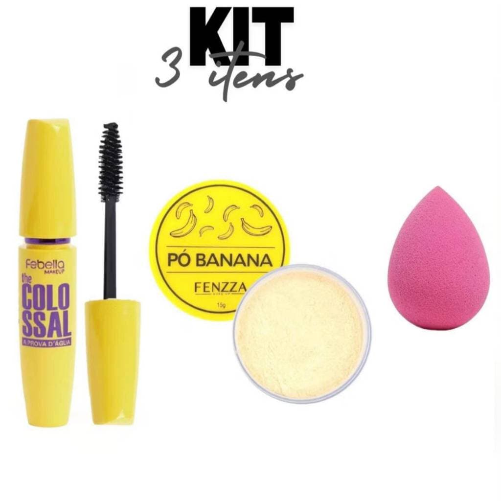 kit completo maquiagem 3 em 1 máscara colossal pó banana fenzza esponja makeup