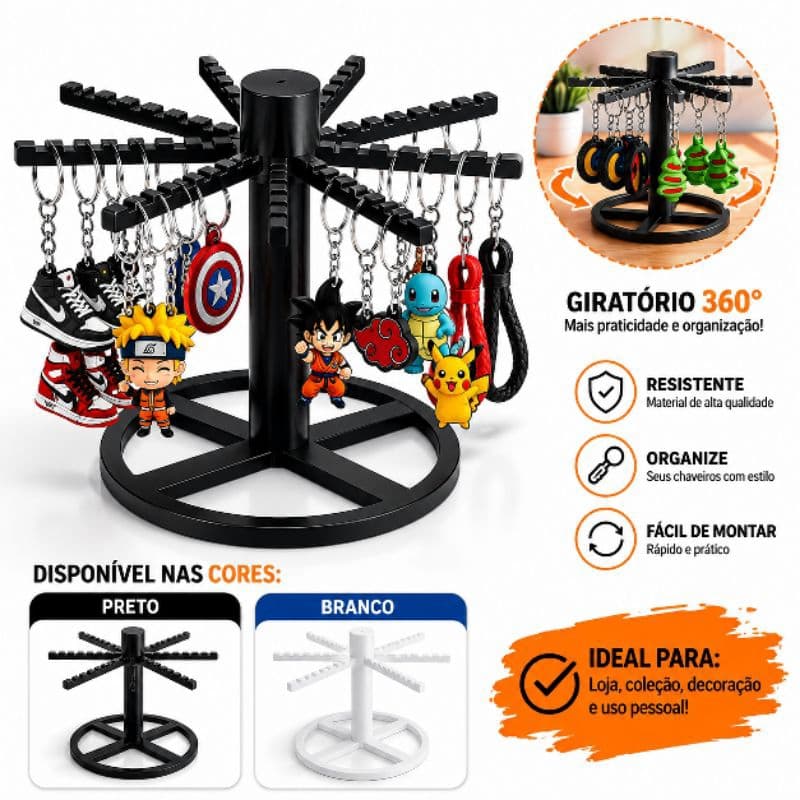 suporte expositor giratório chaveiros organizador display loja mesa 360 graus preto branco expositor resistente
