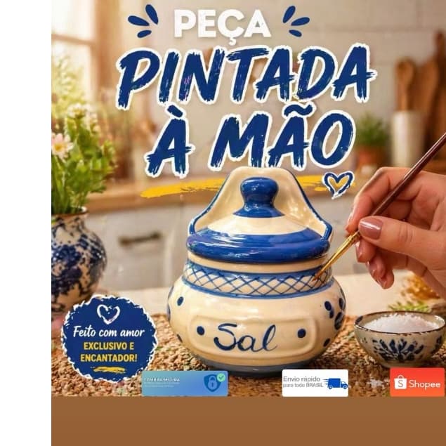 Saleiro de Cerâmica 1kg com Tampa Design Rústico Azul Porta Sal Cozinha.