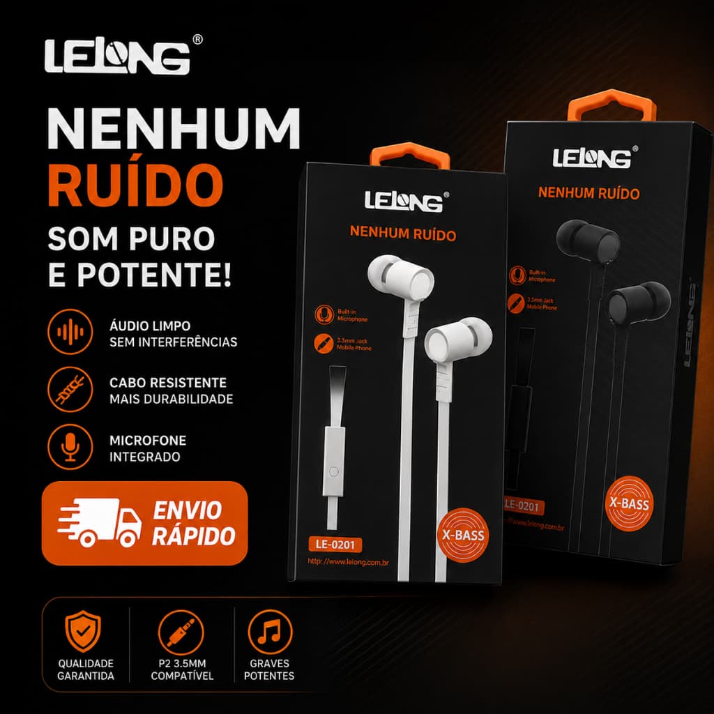 Fone de Ouvido Com Fio P3 Auricular Lelong LE-0201 X-Bass Microfone Cabo Resistente Graves Sem Ruido