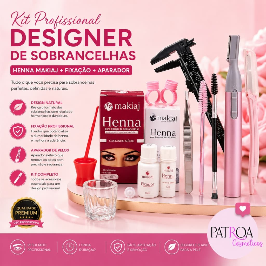 Kit Henna Designer Sobrancelhas Profissional e Fixação Rena Makiaj De Sobrancelha com Aparador Pelos