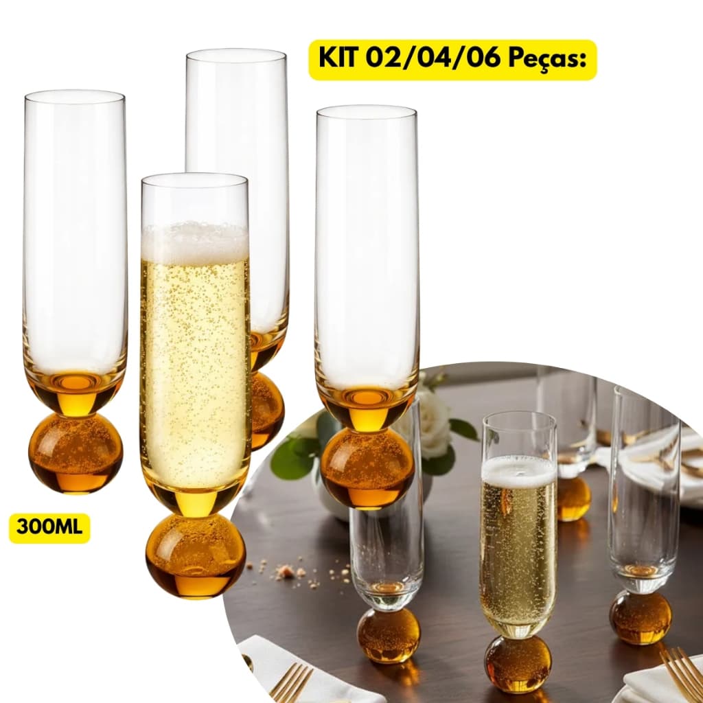 Jogo Kit 02/04/06 Taças Champanhe Orbe Mel Vidro Chique Elegante Luxo Amarelo Bolinha Servir Drink