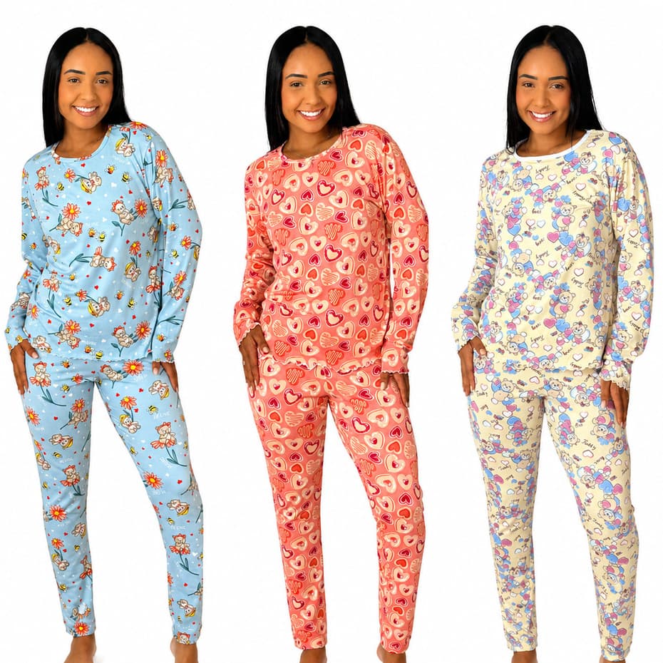 Pijama Conjunto Feminino de Frio Sublimado Inverno Personagens Blusa Manga Longa e Calça Estampados
