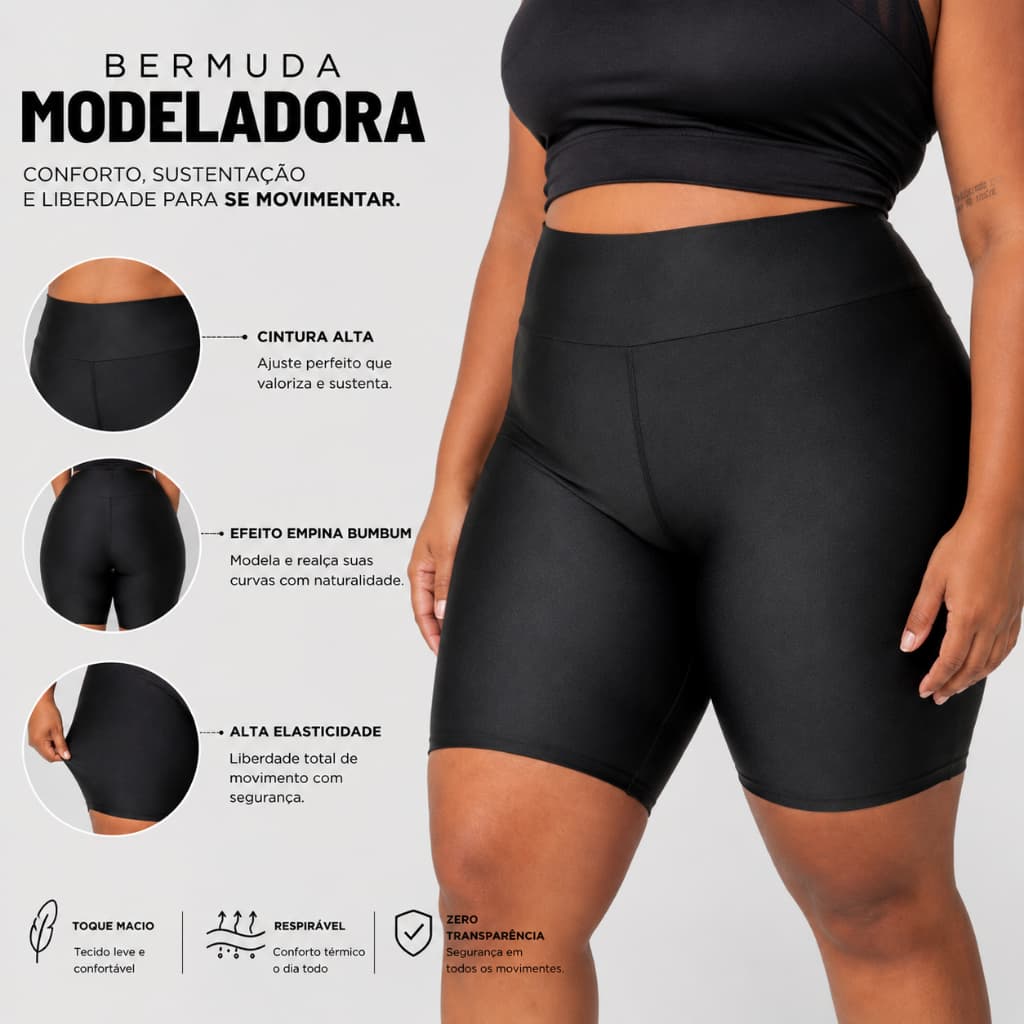 Bermuda Plus Size Feminina Suplex Cós Alto Academia Fitness Ciclista G1 G2 G3