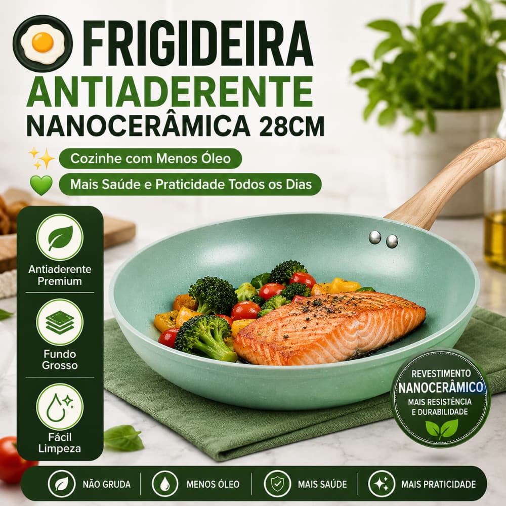 Frigideira Antiaderente Nanocerâmica 28cm Fundo Grosso Verde Fácil Limpeza Alta Durabilidade