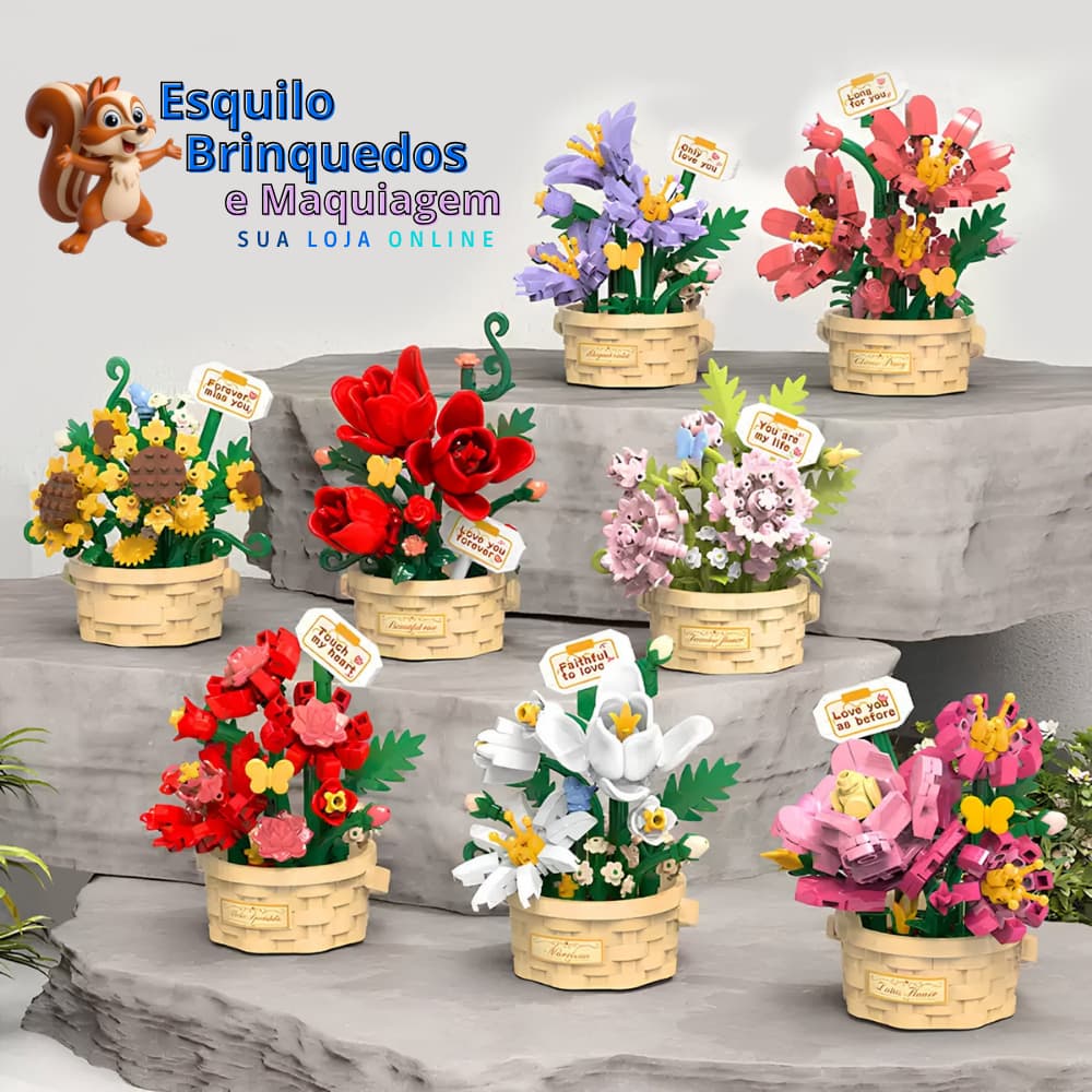 Conjunto de Mini Blocos De Montar Cesta De Flores Floricultura Buque Arvores Bonsai