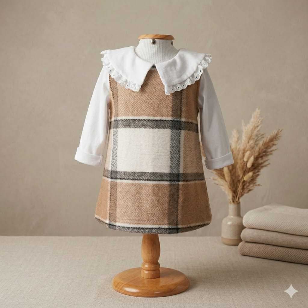 Salopete Infantil Xadrez caramelo com blusa Vestido Jardineira Moda Outono Inverno 1 a 4 anos estilo coreaninhae