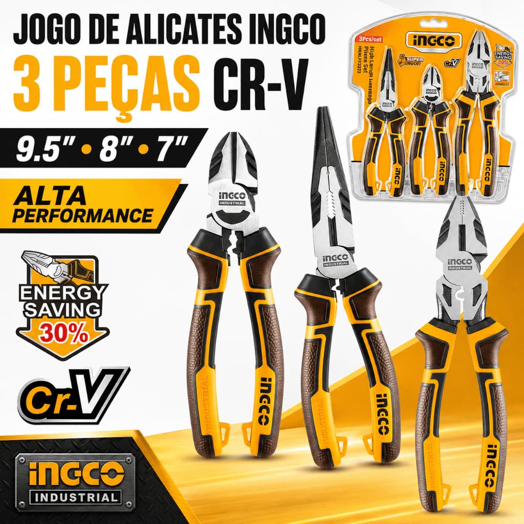 Jogo de Alicates Ingco HKHLPS2832 Cr-V 3 Peças Universal 9.5 Bico Longo 8" Corte 7" Alta Performance