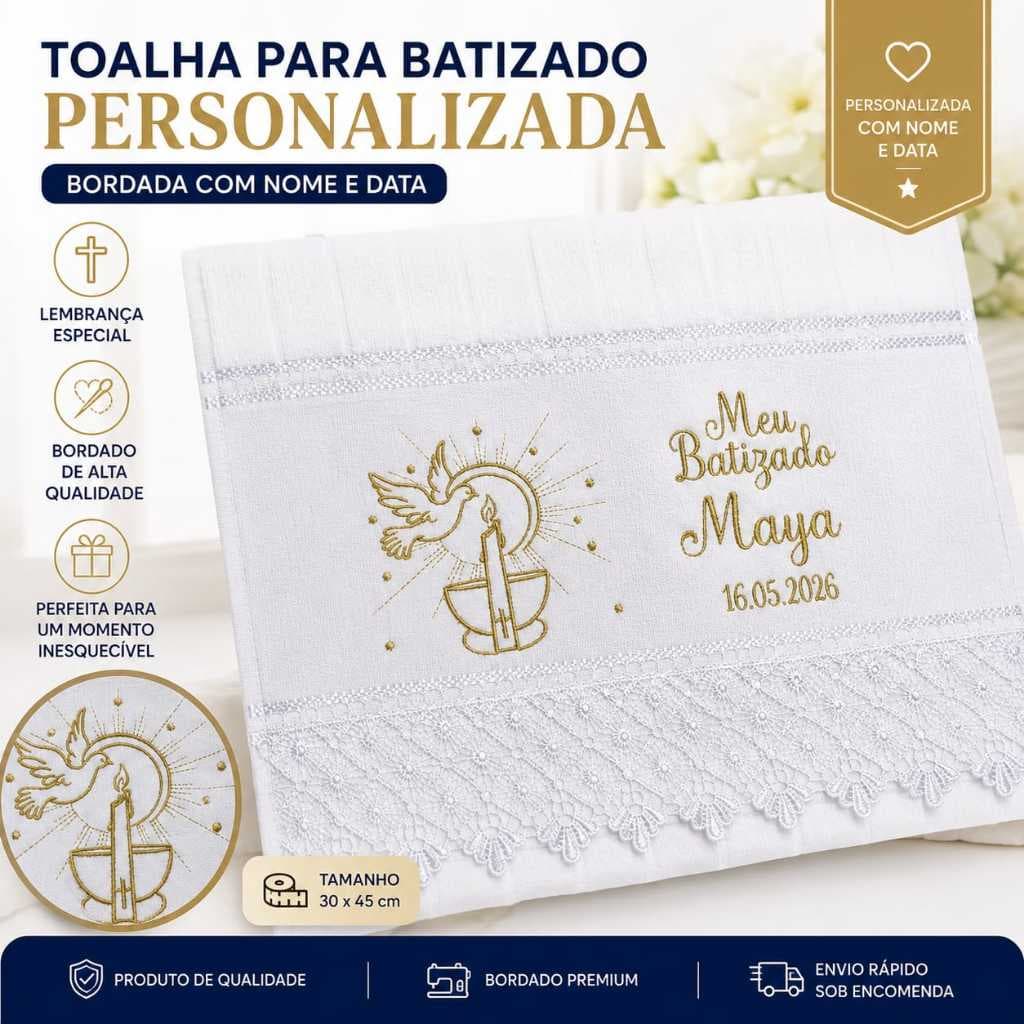 Toalha de Batizado Personalizada com Nome Toalhinha Bordada para Batismo 30x45 cm