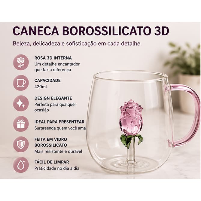 Caneca e Copo Rosa 3D Vidro Borossilicato 420ml Presente Delicado