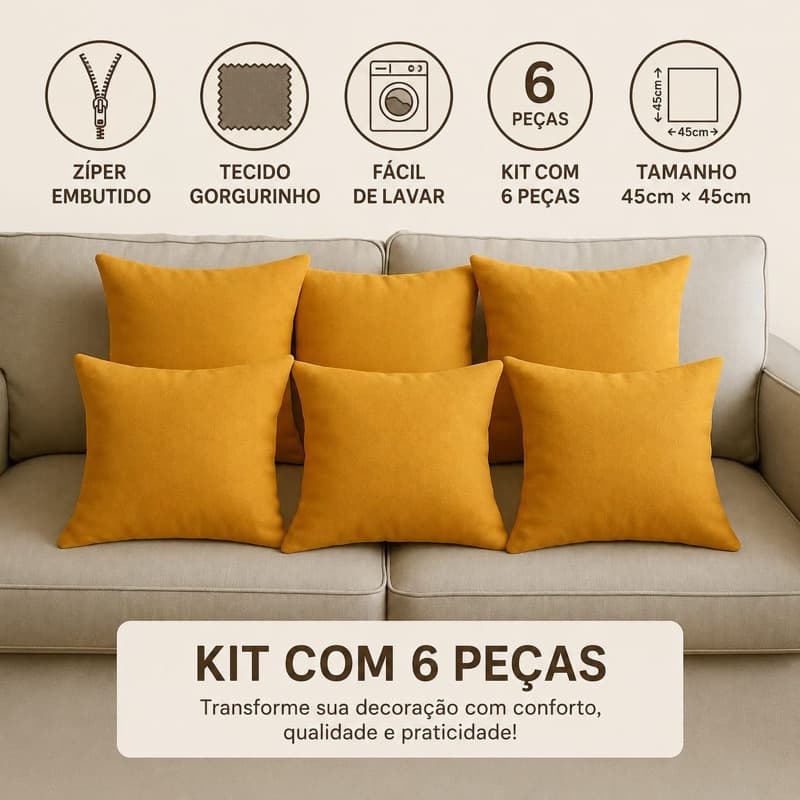 Kit com 6 capas p\ Almofadas Decorativas com Zíper