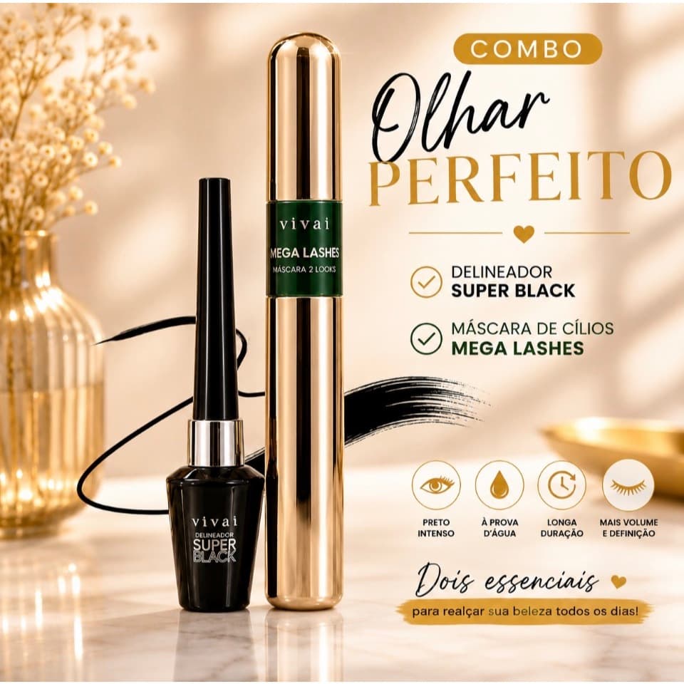 Kit Máscara De Cílios À Prova D'água Mega Lashes Vivai E Delineador À Prova D'água Super Black Vivai Longa Duração