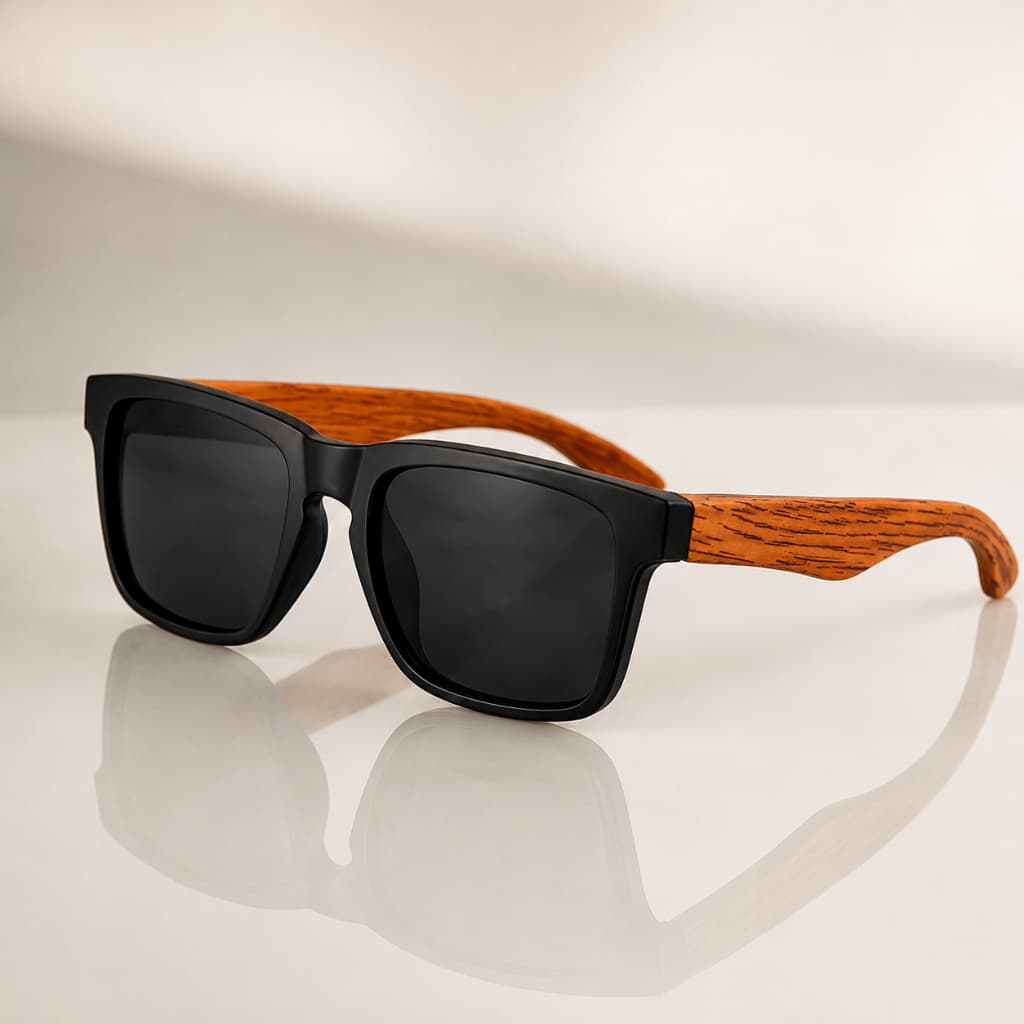Óculos de Sol Masculino Quadrado Preto com Haste Efeito Madeira, Estilo Premium