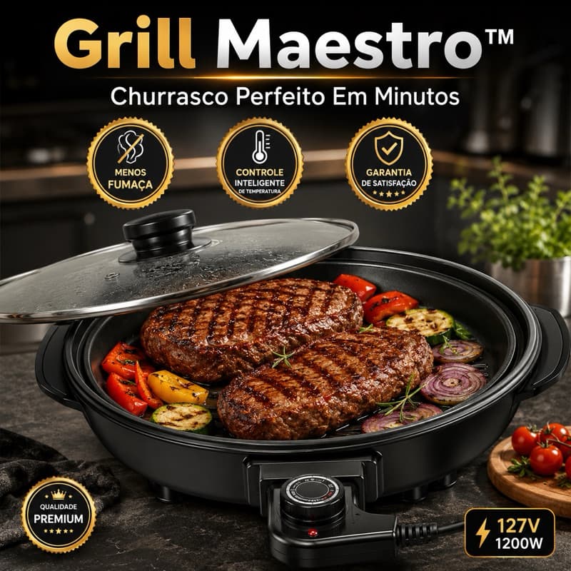 Grill Elétrico Grill Maestro™ 127V com Termostato Ajustável Antiaderente Churrasqueira Sem Fumaça para Apartamento
