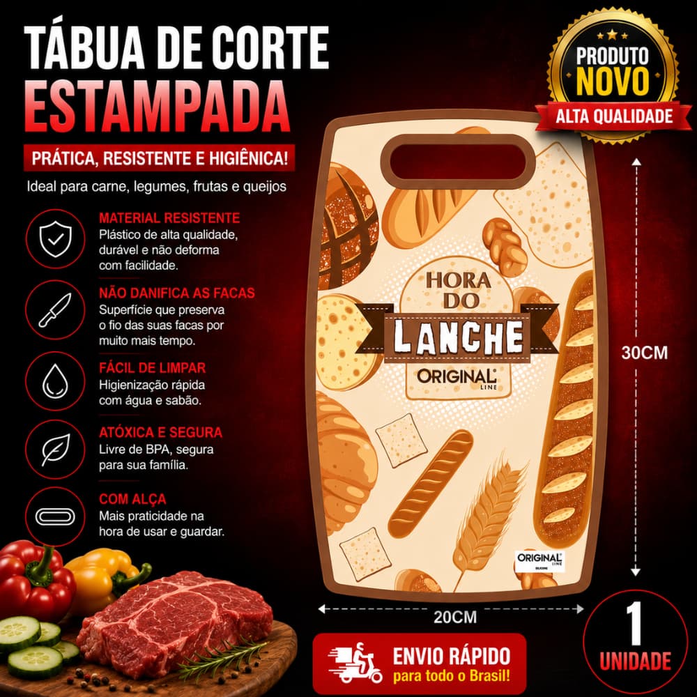 1 Unidade  Tabua de Corte Resistente Carne Legumes Frutas Queijo Plástico Estampada 20x30cm