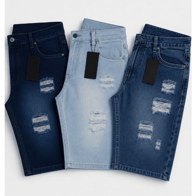 Kit 2 OU 3 Bermudas Jeans Masculinas Rasgadas Premium Jeans Claro Destroyed Casual Streetwear Moda Masculina Verão