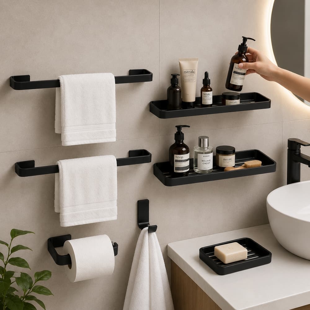 Kit Acessórios Para Banheiro 6 Peças Preto Fosco Com Toalheiro E Prateleira