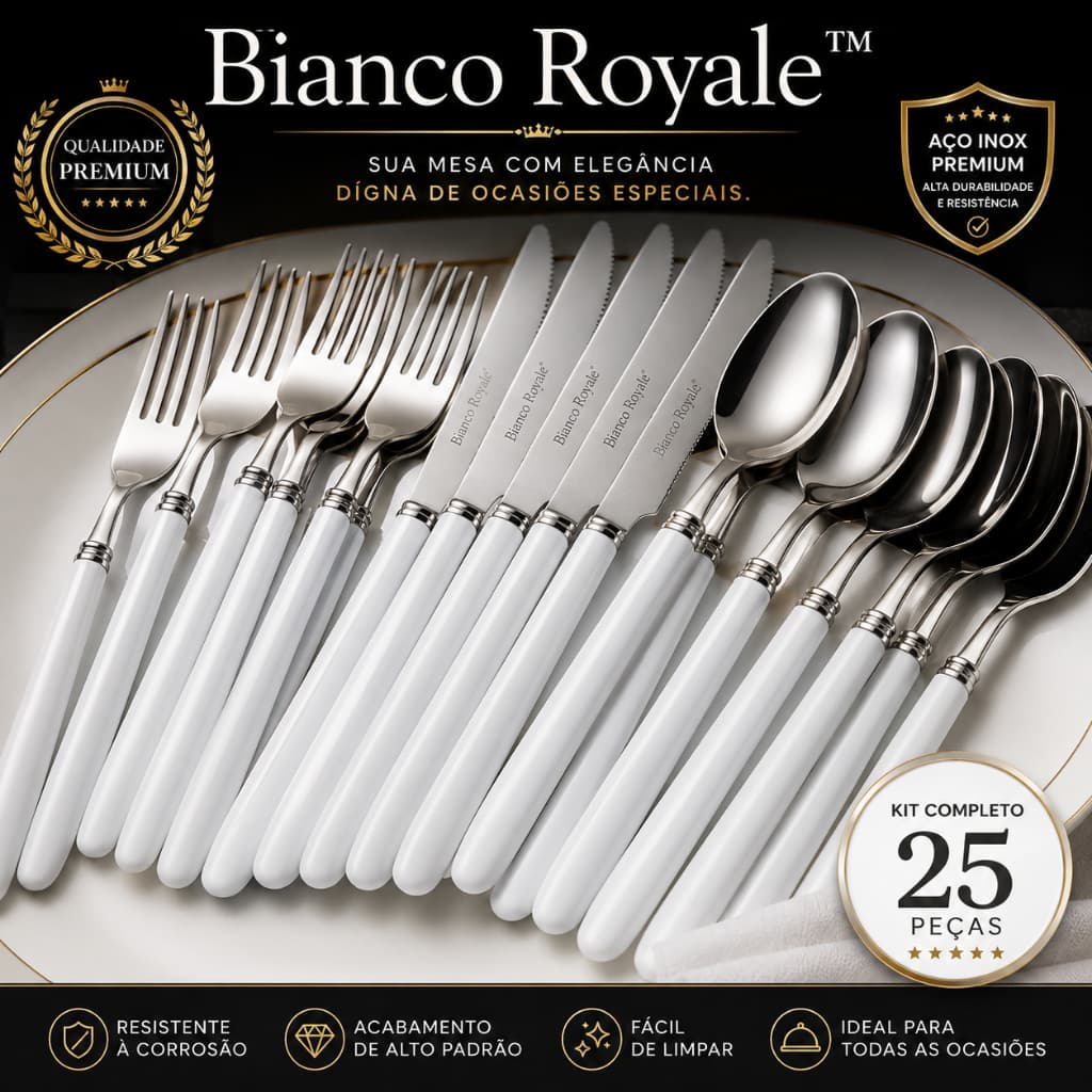 Kit Talheres Branco e Inox 25 Peças Design Sofisticado Mesa Posta Completa