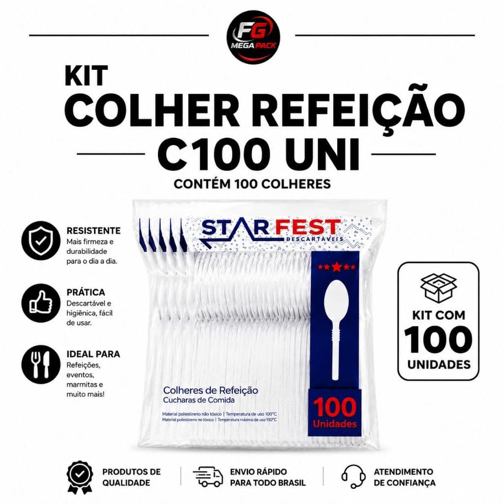 Talheres de Plástico Starfesta 100und colher  Refeição Resistentes Descartáveis Festa