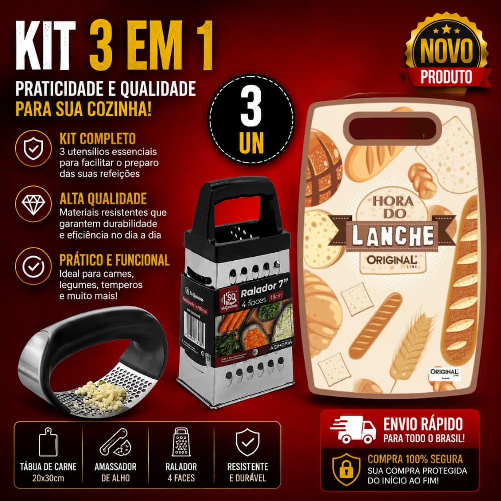 Kit 3 em1 Tabua de Carne 20X30 + Amassador de Alho+  Ralador 4 Faces de Cozinha para Carne Legumes