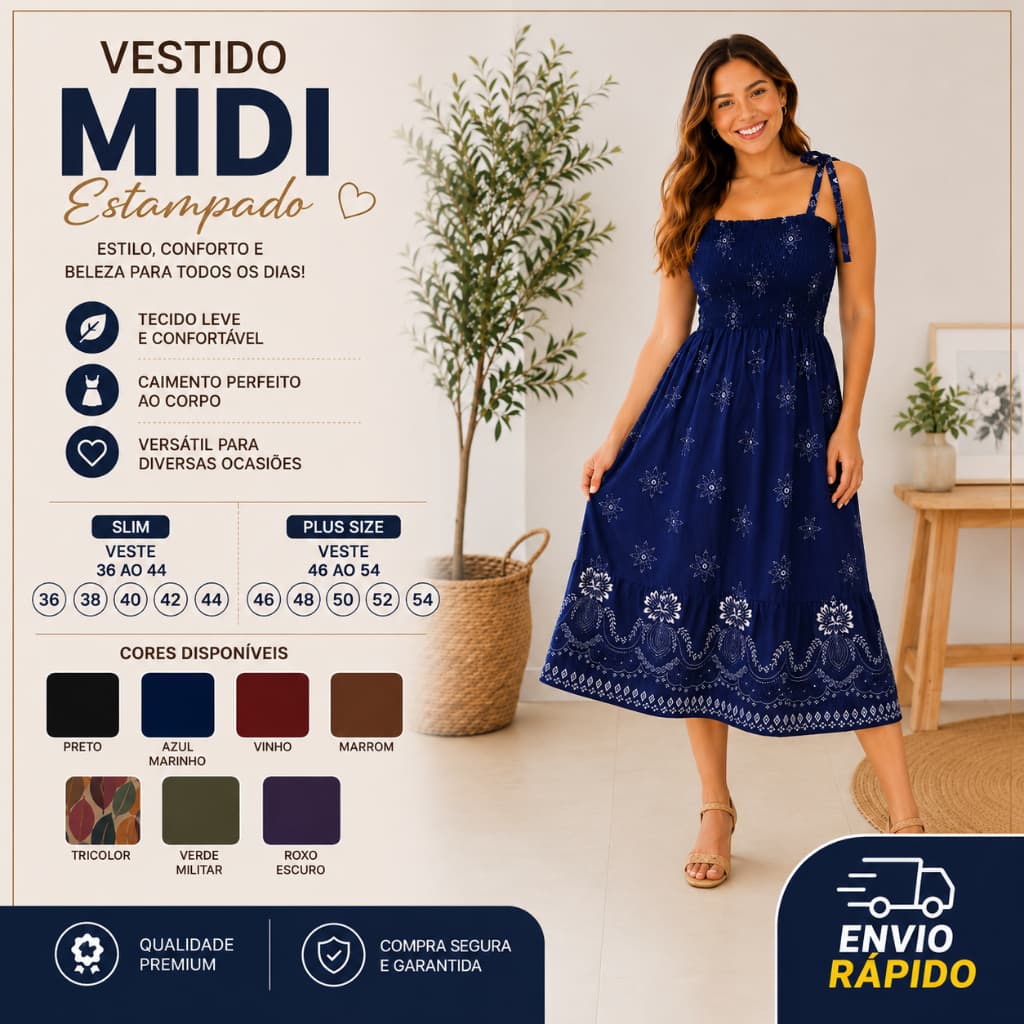 Vestido Midi Estampado com Lastex no Busto Moda Feminina Elegante Alça de Amarração Ajustável