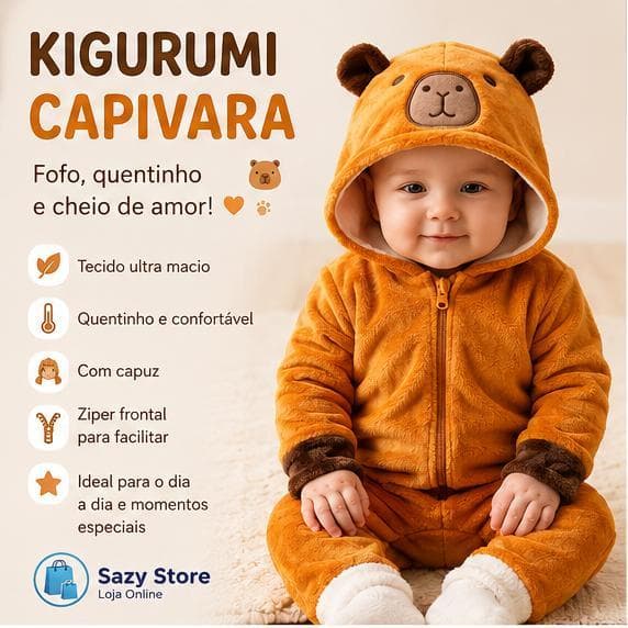 Kigurumi Capivara Bebê Pijama Macacão Infantil Fantasia Quentinha Menino Menina 0 a 30 Meses