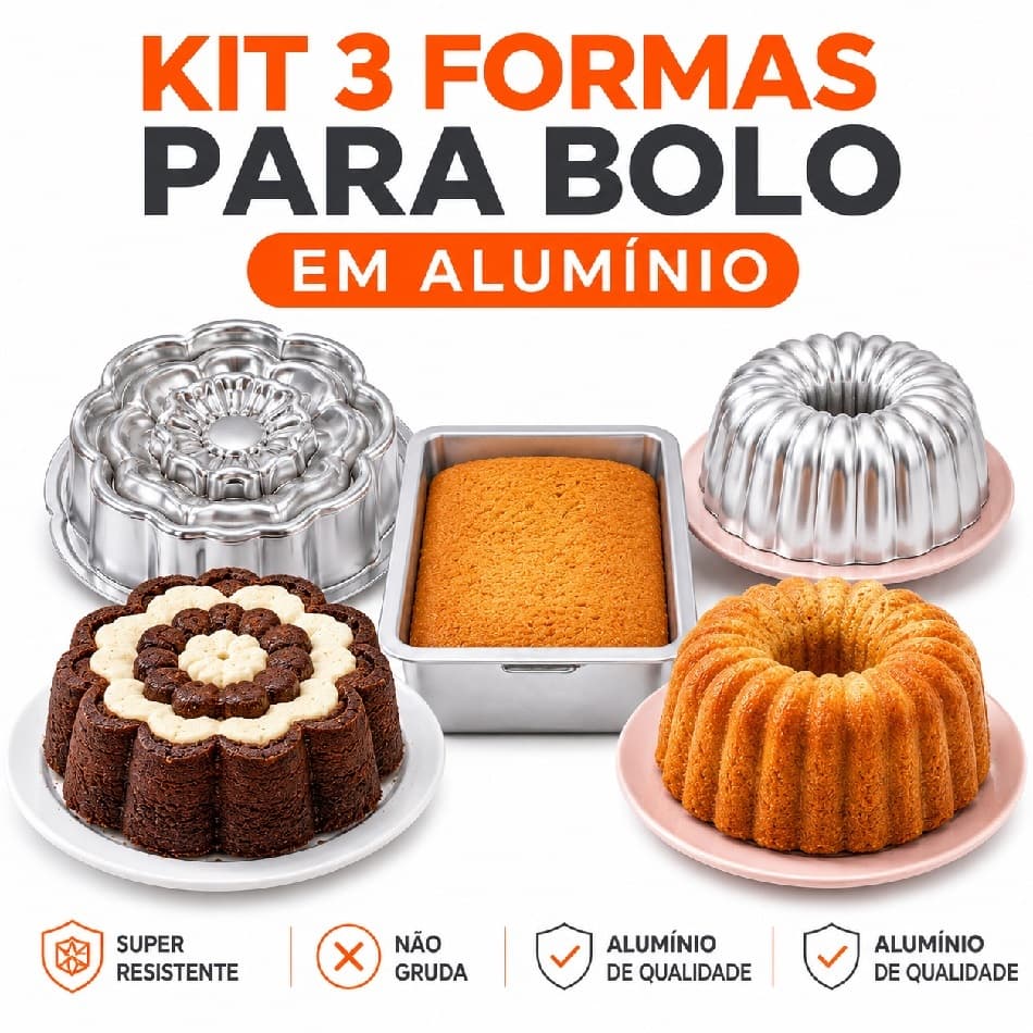 Kit 3 Formas de Bolo Alumínio, Forma de Bolo Suíça + Forma Flor + Forma Retangular - Forno Airfryer