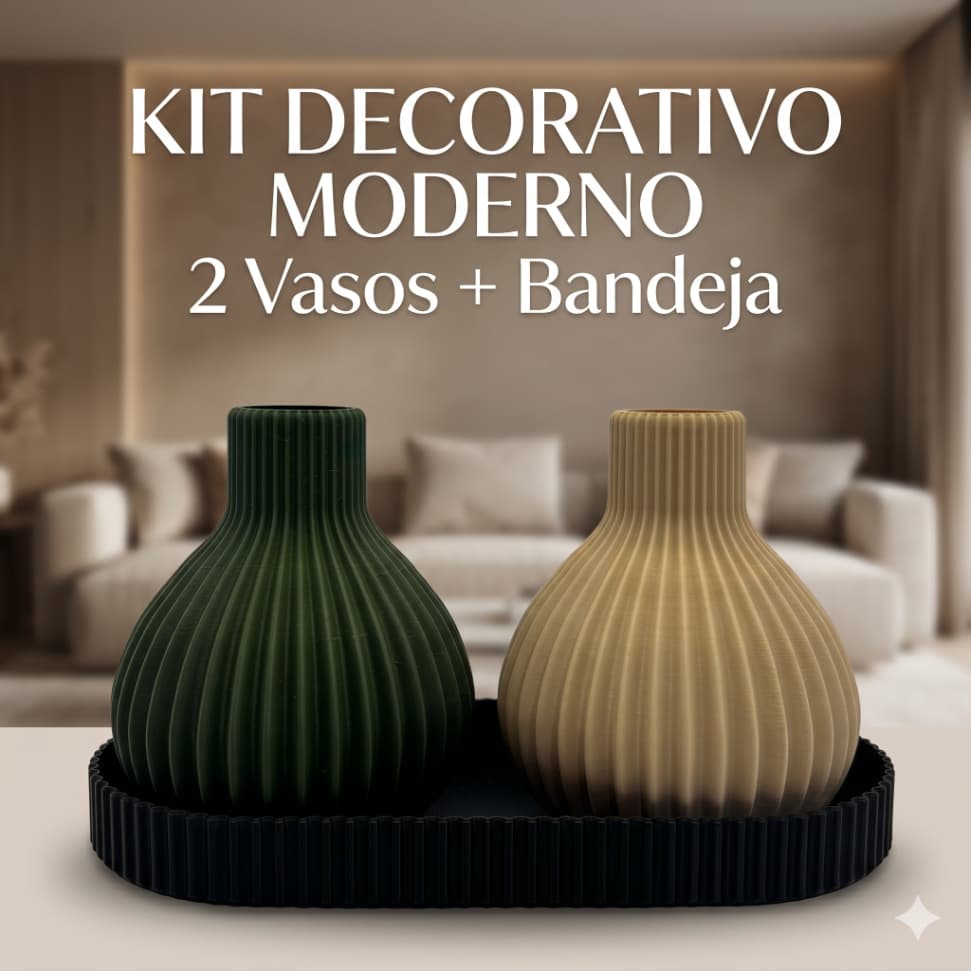 Kit 2 Vasos Decorativos Canelados com Bandeja Moderna Sala Aparador Escritório