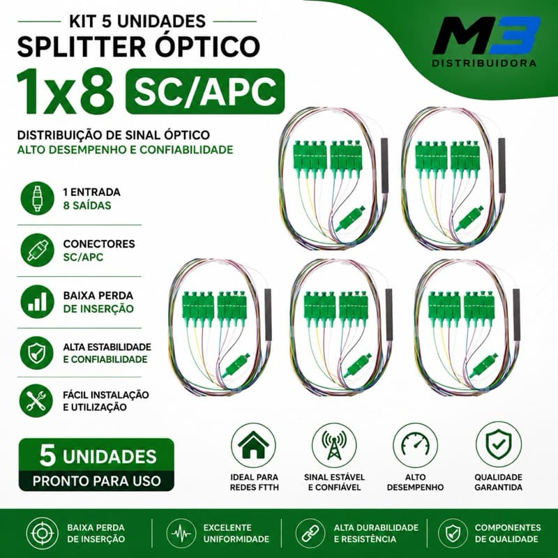kit 5 Splitter Óptico Balanceado 1x8 Sc/apc Com Conector
