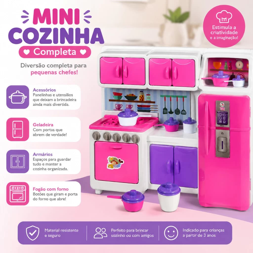 Mini Cozinha Infantil Completa Rosa com Fogão Geladeira Acessórios completa fogão forno e geladeira