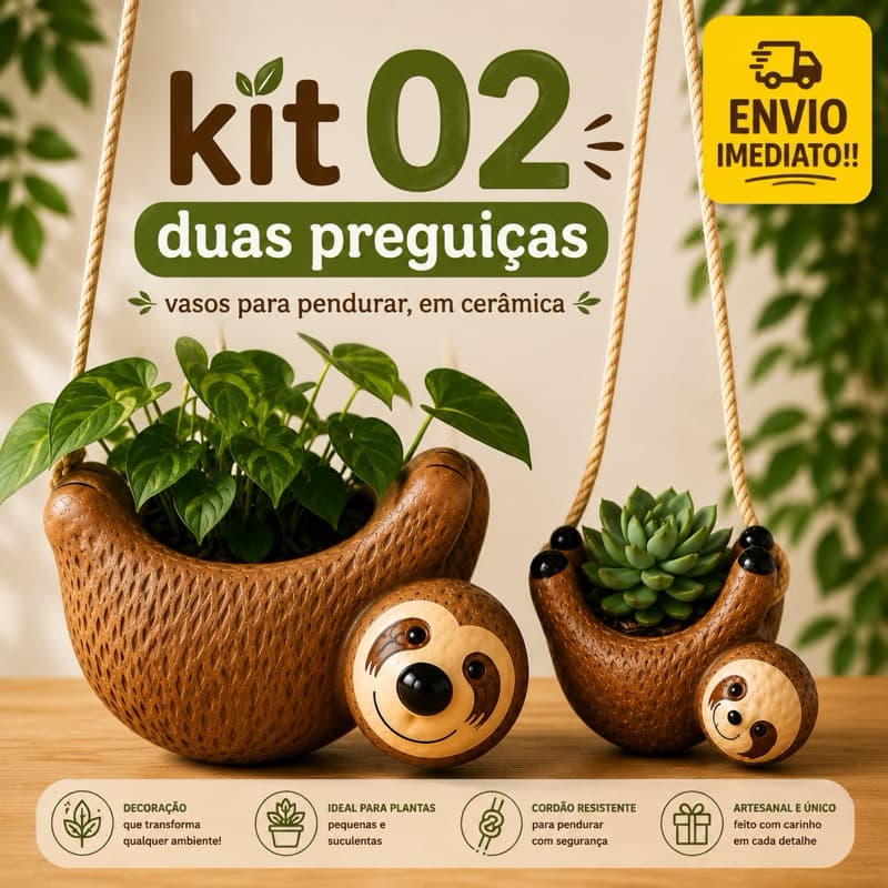 Vaso Cachepot Suspenso Preguiça Kit 2 Peças Cerâmica Para Plantas Arranjo Suculentas Flor Decorativo