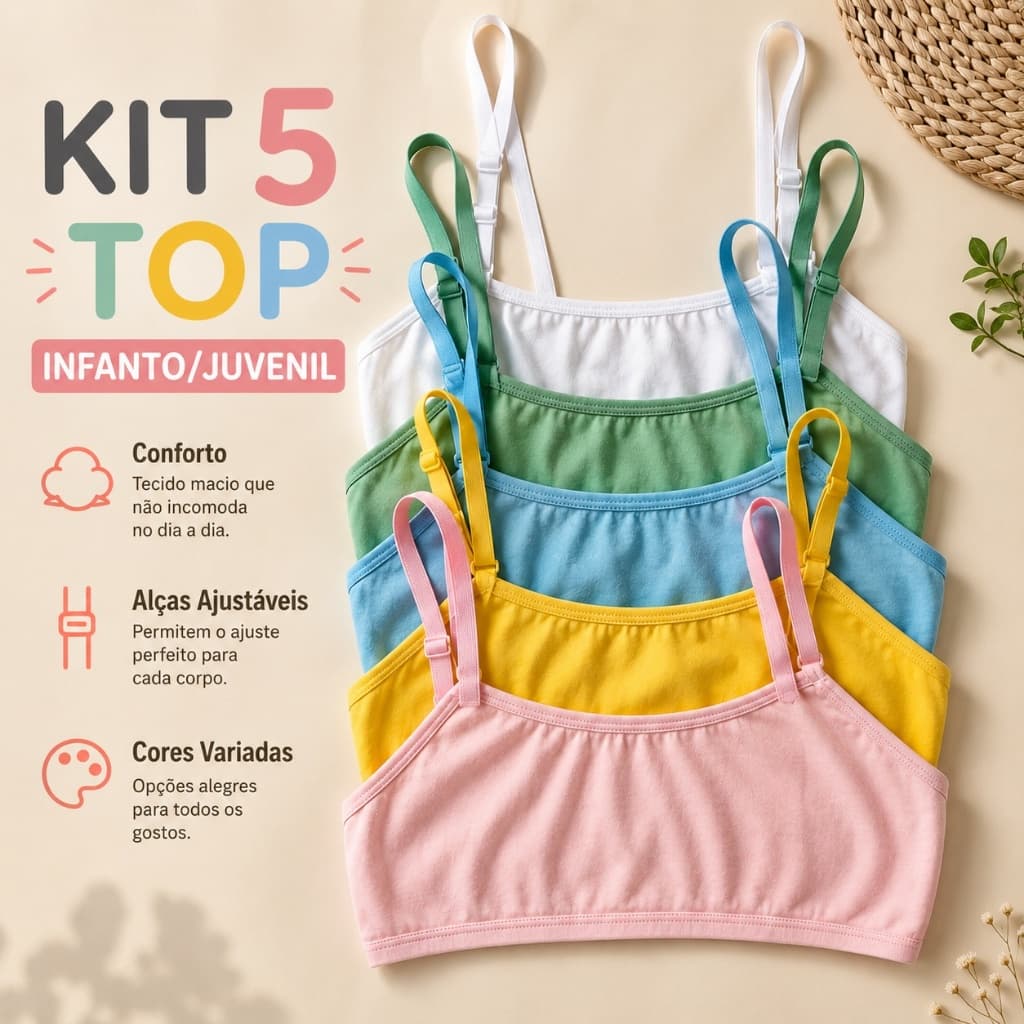 Kit 5 Sutia Infantil Juvenil Algodão Cotton Liso Alta Qualidade Conforto Top Dia a Dia Menina Moça