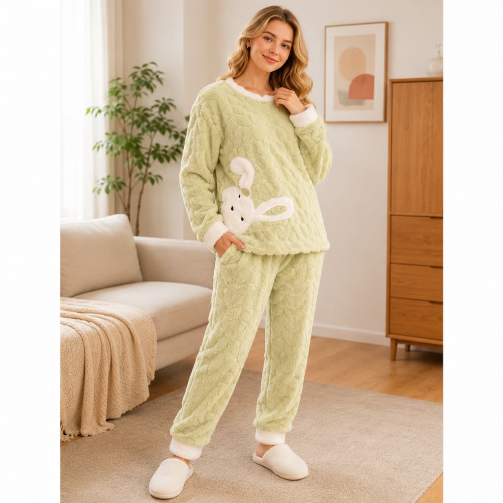 Conjunto de pijama de inverno feminino macio e fofinho com estampa de coelhinho - 4 cores