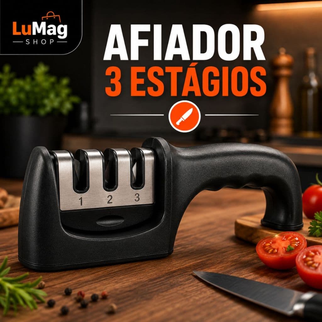 Afiador de Facas 3 Estágios Profissional Manual Diamante Tungstênio Cerâmica Antiderrapante Preto