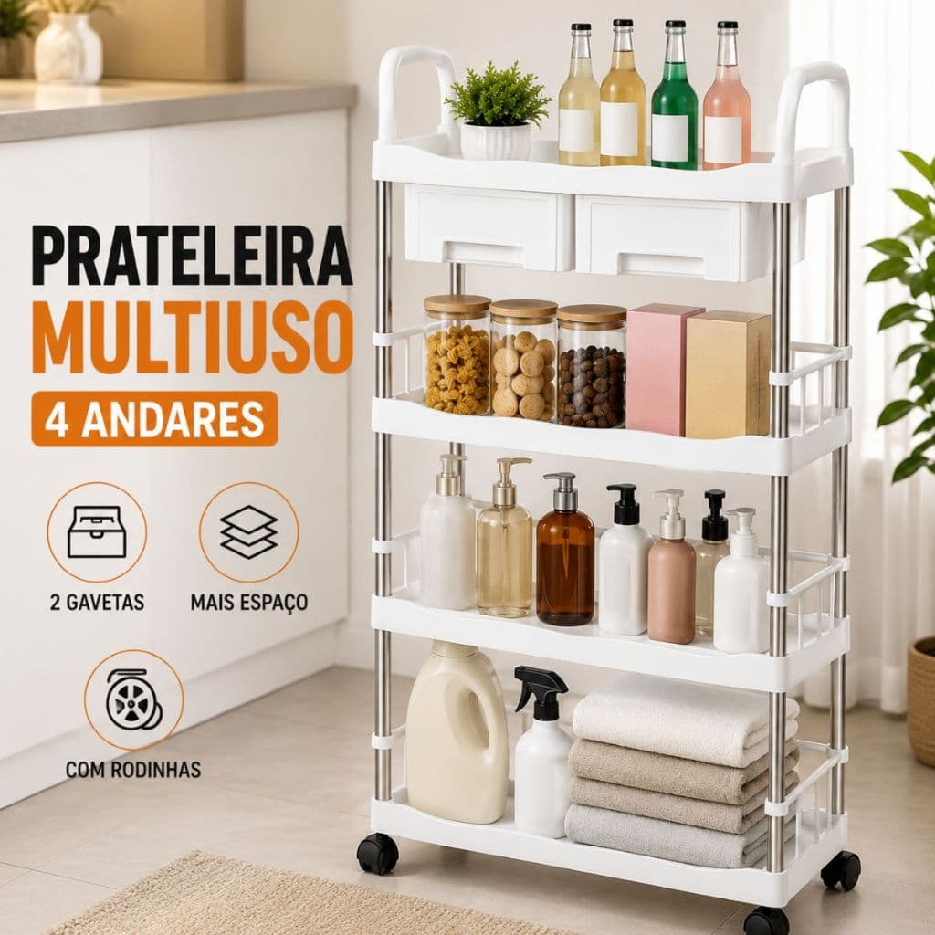 Prateleira Multiuso 4 Andares Com 2 Gavetas Rodinhas Organizador Branco Cozinha Banheiro Lavanderia