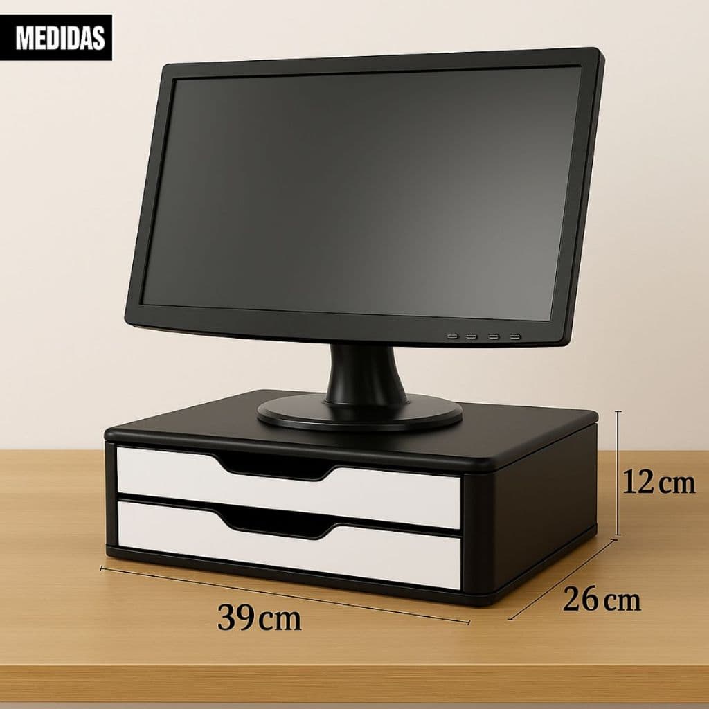 Suporte Para Monitor Mesa 2 Gavetas Ergonômico Escritório Preto