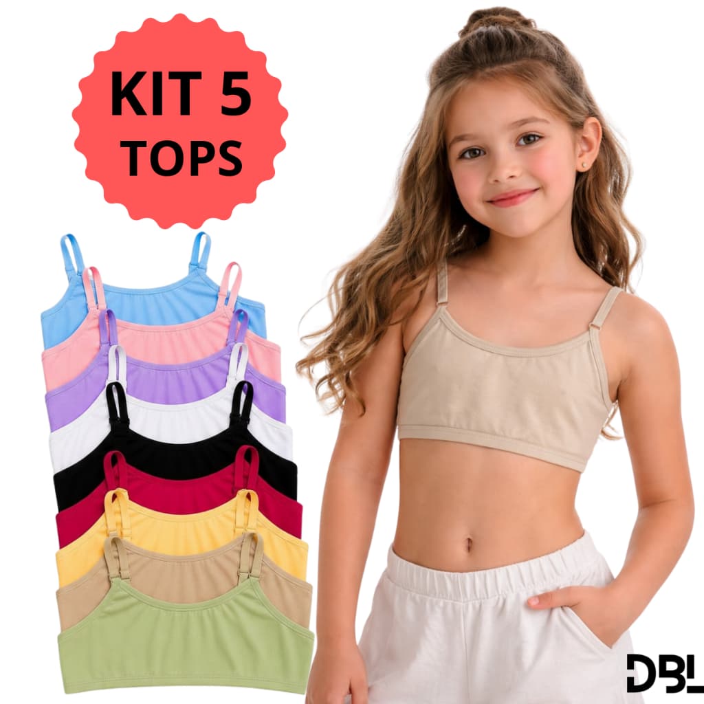 Kit 5 Top Infantil Juvenil Teen Menina Algodão Sutia Sem Bojo Alça Ajustavel Básico Usar Uniforme