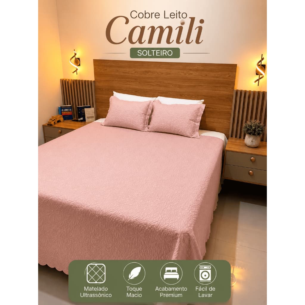 Kit Cobre Leito Solteiro Camili 2 Peças Colcha Matelada Ultrassônica + Porta Travesseiro Microfibra Premium Macia