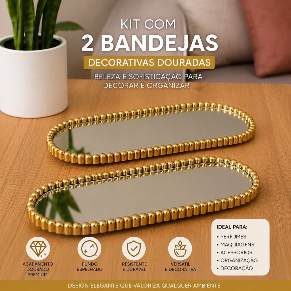 Kit Bandeja Espelhadas Decorativas Bolinha Preta e Dourada Luxo Organizador de Perfumes Maquiagem Lavabo Banheiro Quarto