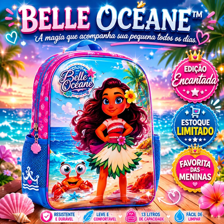 Mochila Infantil Feminina Princesa do Mar Escolar 41cm Grande Resistente Belle Océane™