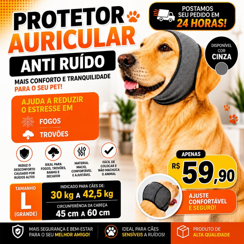 Protetor Auricular para Cachorro Grande Tamanho L Ajustável Confortável Cor Cinza- 🚚⚡ENVIO EM ATÉ 24 HORAS