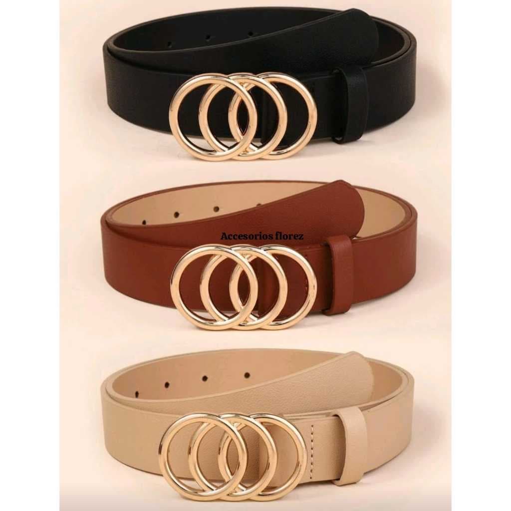 Kit  com 3 Cinto Feminino Argola Tripla Redonda Dourado Tendencia Moda Blogueira