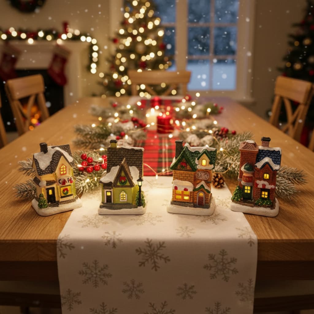 Kit 4 Unidades Mini Casinha Vila Natalina Iluminada Resina